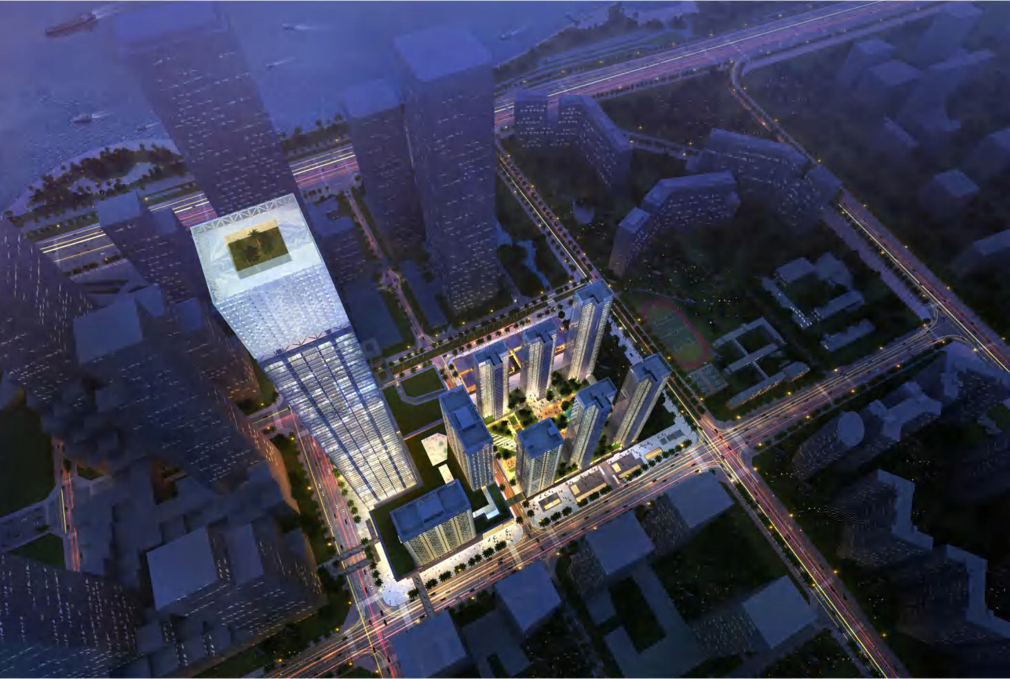 深湾汇云中心及周边城市项目的夜景鸟瞰效果图